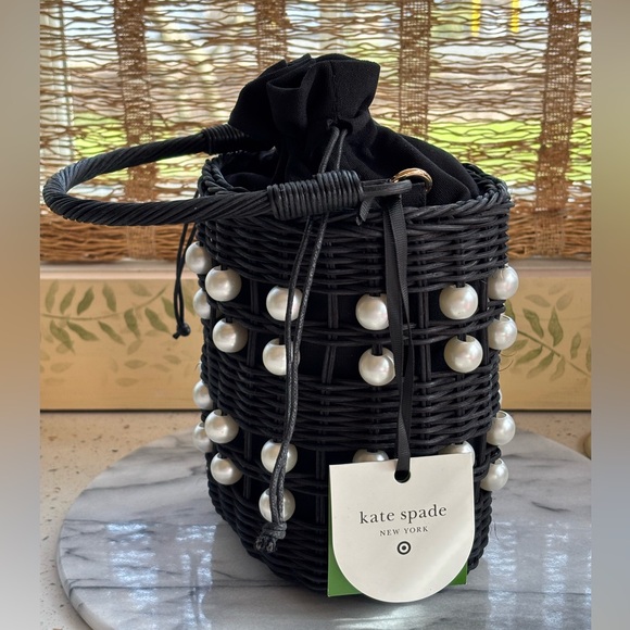 Kate‎ Spade Black Pearl-Embellished Woven Bucket Bag Target - Picture 4 of 8